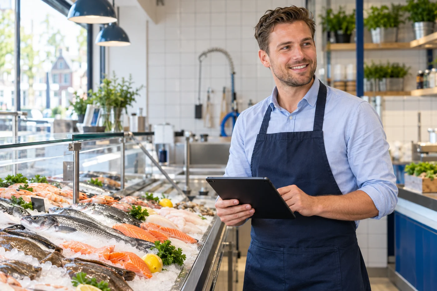 Vishandelaar met tablet in de visspeciaalzaak